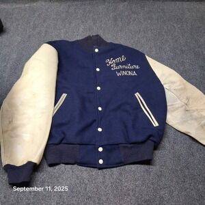 VTG Timberline Brill Bros Wool Leather Varsity Jacket Size 46 Blue Winona